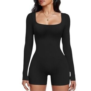 OOQO Black Ribbed Long Sleeve Square Neck Shorts Bodysuit Romper Shapewear sz S